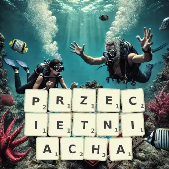 Kreatywna ilustracja do gry w Scrabble ze słowem PRZECIETNIACHA ułożonym z płytek na planszy.