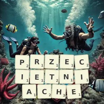 Kreatywna ilustracja do gry w Scrabble ze słowem PRZECIETNIACHE ułożonym z płytek na planszy.