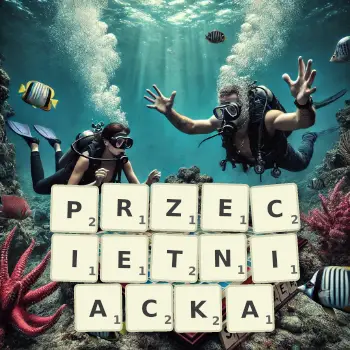 Kreatywna ilustracja do gry w Scrabble ze słowem PRZECIETNIACKA ułożonym z płytek na planszy.