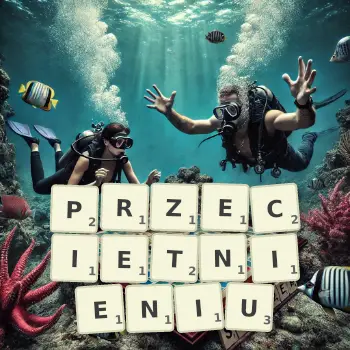 Kreatywna ilustracja do gry w Scrabble ze słowem PRZECIETNIENIU ułożonym z płytek na planszy.