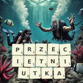 Kreatywna ilustracja do gry w Scrabble ze słowem PRZECIETNIUTKA ułożonym z płytek na planszy.