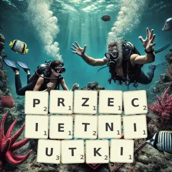 Kreatywna ilustracja do gry w Scrabble ze słowem PRZECIETNIUTKI ułożonym z płytek na planszy.