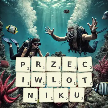 Kreatywna ilustracja do gry w Scrabble ze słowem PRZECIWLOTNIKU ułożonym z płytek na planszy.