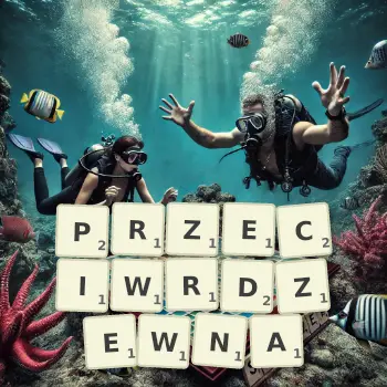 Kreatywna ilustracja do gry w Scrabble ze słowem PRZECIWRDZEWNA ułożonym z płytek na planszy.