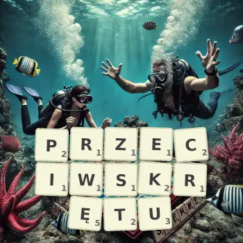 Kreatywna ilustracja do gry w Scrabble ze słowem PRZECIWSKRĘTU ułożonym z płytek na planszy.