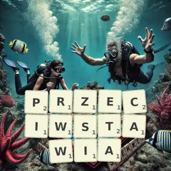 Kreatywna ilustracja do gry w Scrabble ze słowem PRZECIWSTAWIA ułożonym z płytek na planszy.