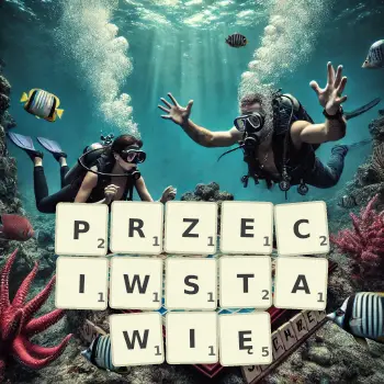 Kreatywna ilustracja do gry w Scrabble ze słowem PRZECIWSTAWIĘ ułożonym z płytek na planszy.
