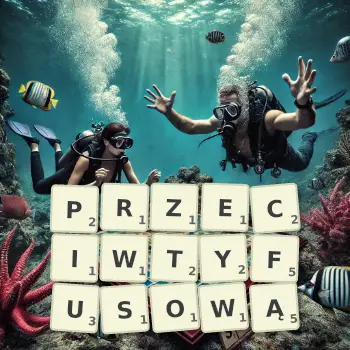 Kreatywna ilustracja do gry w Scrabble ze słowem PRZECIWTYFUSOWĄ ułożonym z płytek na planszy.