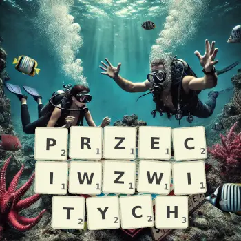 Kreatywna ilustracja do gry w Scrabble ze słowem PRZECIWZWITYCH ułożonym z płytek na planszy.