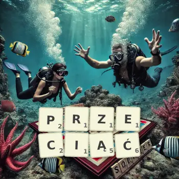 Kreatywna ilustracja do gry w Scrabble ze słowem PRZECIĄĆ ułożonym z płytek na planszy.