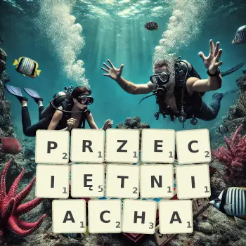 Kreatywna ilustracja do gry w Scrabble ze słowem PRZECIĘTNIACHA ułożonym z płytek na planszy.