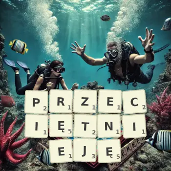 Kreatywna ilustracja do gry w Scrabble ze słowem PRZECIĘTNIEJĘ ułożonym z płytek na planszy.