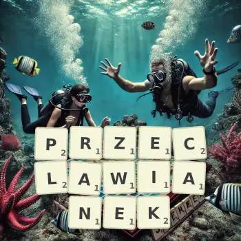 Kreatywna ilustracja do gry w Scrabble ze słowem PRZECLAWIANEK ułożonym z płytek na planszy.