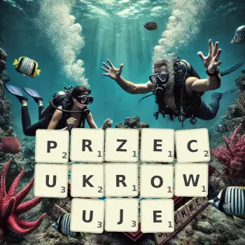 Kreatywna ilustracja do gry w Scrabble ze słowem PRZECUKROWUJE ułożonym z płytek na planszy.