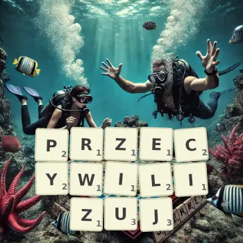 Kreatywna ilustracja do gry w Scrabble ze słowem PRZECYWILIZUJ ułożonym z płytek na planszy.