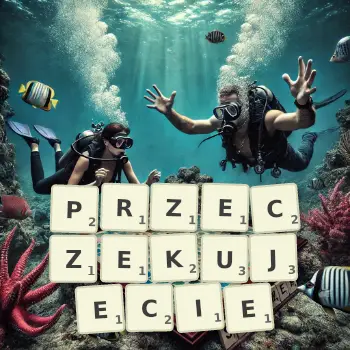 Kreatywna ilustracja do gry w Scrabble ze słowem PRZECZEKUJECIE ułożonym z płytek na planszy.