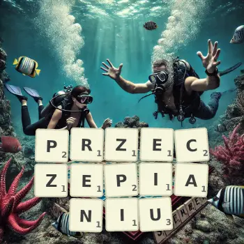 Kreatywna ilustracja do gry w Scrabble ze słowem PRZECZEPIANIU ułożonym z płytek na planszy.