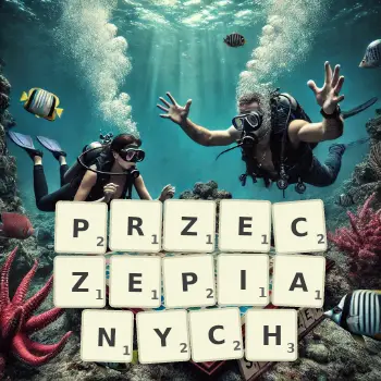 Kreatywna ilustracja do gry w Scrabble ze słowem PRZECZEPIANYCH ułożonym z płytek na planszy.