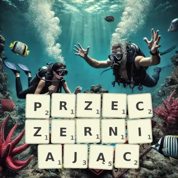 Kreatywna ilustracja do gry w Scrabble ze słowem PRZECZERNIAJĄC ułożonym z płytek na planszy.