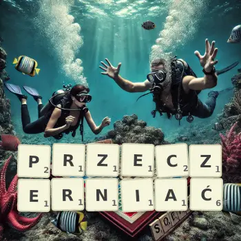 Kreatywna ilustracja do gry w Scrabble ze słowem PRZECZERNIAĆ ułożonym z płytek na planszy.