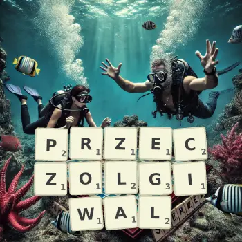 Kreatywna ilustracja do gry w Scrabble ze słowem PRZECZOLGIWAL ułożonym z płytek na planszy.