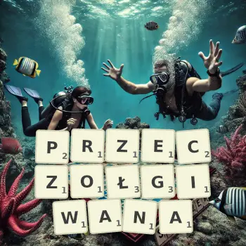 Kreatywna ilustracja do gry w Scrabble ze słowem PRZECZOŁGIWANA ułożonym z płytek na planszy.