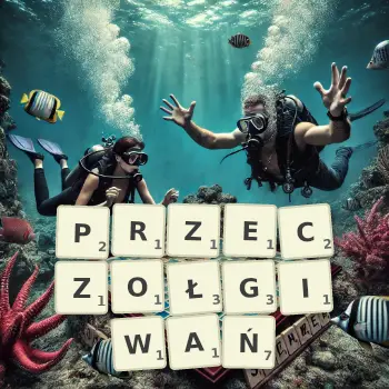 Kreatywna ilustracja do gry w Scrabble ze słowem PRZECZOŁGIWAŃ ułożonym z płytek na planszy.