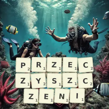 Kreatywna ilustracja do gry w Scrabble ze słowem PRZECZYSZCZENI ułożonym z płytek na planszy.