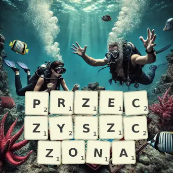 Kreatywna ilustracja do gry w Scrabble ze słowem PRZECZYSZCZONA ułożonym z płytek na planszy.