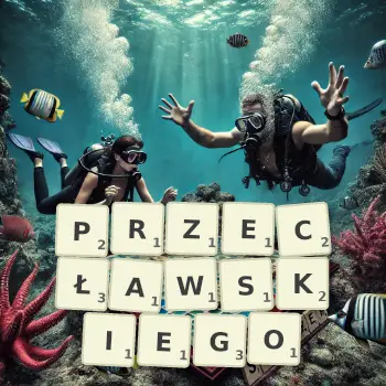 Kreatywna ilustracja do gry w Scrabble ze słowem PRZECŁAWSKIEGO ułożonym z płytek na planszy.