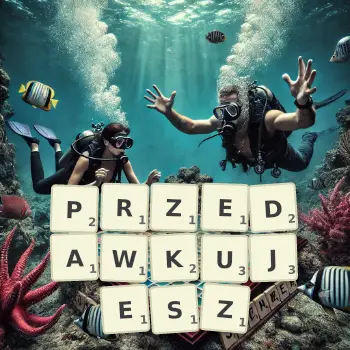 Kreatywna ilustracja do gry w Scrabble ze słowem PRZEDAWKUJESZ ułożonym z płytek na planszy.
