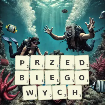 Kreatywna ilustracja do gry w Scrabble ze słowem PRZEDBIEGOWYCH ułożonym z płytek na planszy.