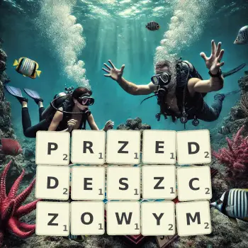 Kreatywna ilustracja do gry w Scrabble ze słowem PRZEDDESZCZOWYM ułożonym z płytek na planszy.