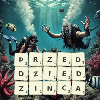 Kreatywna ilustracja do gry w Scrabble ze słowem PRZEDDZIEDZIŃCA ułożonym z płytek na planszy.
