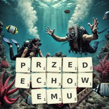 Kreatywna ilustracja do gry w Scrabble ze słowem PRZEDECHOWEMU ułożonym z płytek na planszy.
