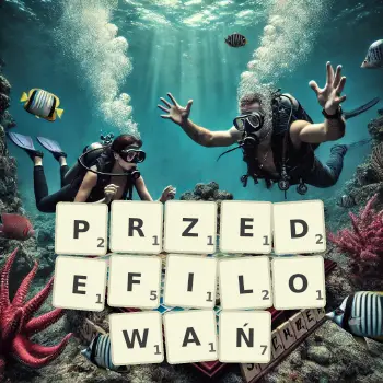 Kreatywna ilustracja do gry w Scrabble ze słowem PRZEDEFILOWAŃ ułożonym z płytek na planszy.