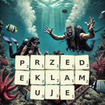 Kreatywna ilustracja do gry w Scrabble ze słowem PRZEDEKLAMUJE ułożonym z płytek na planszy.