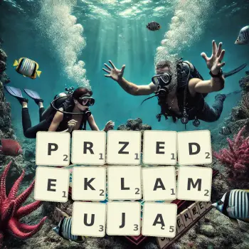Kreatywna ilustracja do gry w Scrabble ze słowem PRZEDEKLAMUJĄ ułożonym z płytek na planszy.
