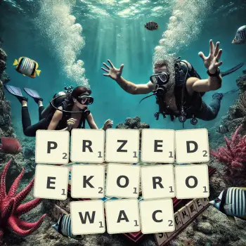 Kreatywna ilustracja do gry w Scrabble ze słowem PRZEDEKOROWAC ułożonym z płytek na planszy.