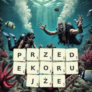 Kreatywna ilustracja do gry w Scrabble ze słowem PRZEDEKORUJŻE ułożonym z płytek na planszy.