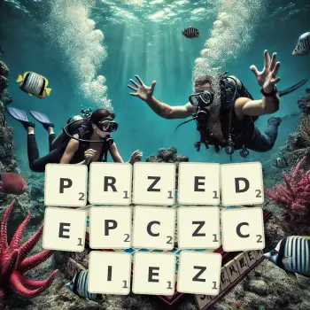 Kreatywna ilustracja do gry w Scrabble ze słowem PRZEDEPCZCIEZ ułożonym z płytek na planszy.
