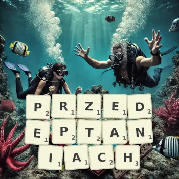 Kreatywna ilustracja do gry w Scrabble ze słowem PRZEDEPTANIACH ułożonym z płytek na planszy.