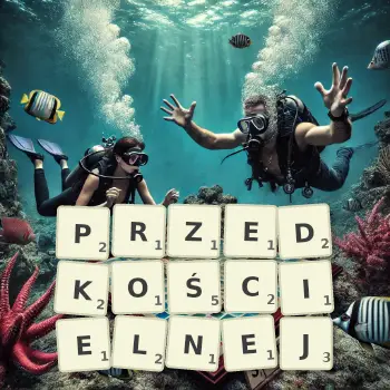Kreatywna ilustracja do gry w Scrabble ze słowem PRZEDKOŚCIELNEJ ułożonym z płytek na planszy.