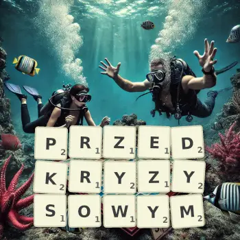 Kreatywna ilustracja do gry w Scrabble ze słowem PRZEDKRYZYSOWYM ułożonym z płytek na planszy.