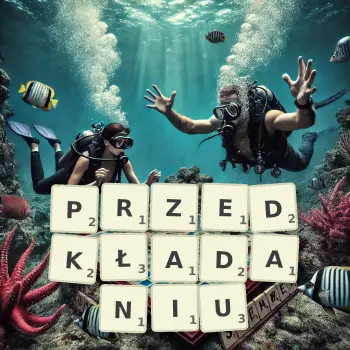 Kreatywna ilustracja do gry w Scrabble ze słowem PRZEDKŁADANIU ułożonym z płytek na planszy.