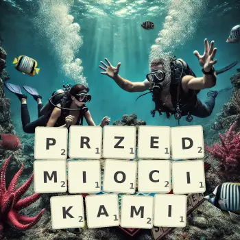 Kreatywna ilustracja do gry w Scrabble ze słowem PRZEDMIOCIKAMI ułożonym z płytek na planszy.