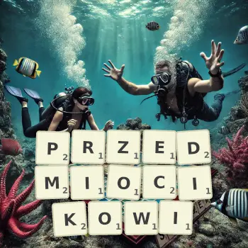 Kreatywna ilustracja do gry w Scrabble ze słowem PRZEDMIOCIKOWI ułożonym z płytek na planszy.