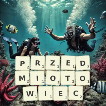 Kreatywna ilustracja do gry w Scrabble ze słowem PRZEDMIOTOWIEC ułożonym z płytek na planszy.