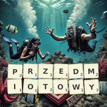 Kreatywna ilustracja do gry w Scrabble ze słowem PRZEDMIOTOWY ułożonym z płytek na planszy.