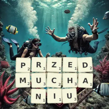 Kreatywna ilustracja do gry w Scrabble ze słowem PRZEDMUCHANIU ułożonym z płytek na planszy.